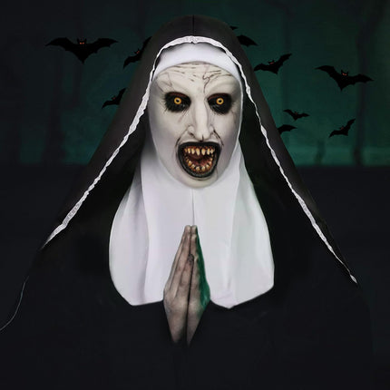 MXJFYY hirmutavad halloweeni maskid, jube nunna mask, halloweeni nunna cosplay hirmutav lateksist õudusmask pearätiga täiskasvanutele halloweeni cosplay kostüümipeo rekvisiidid