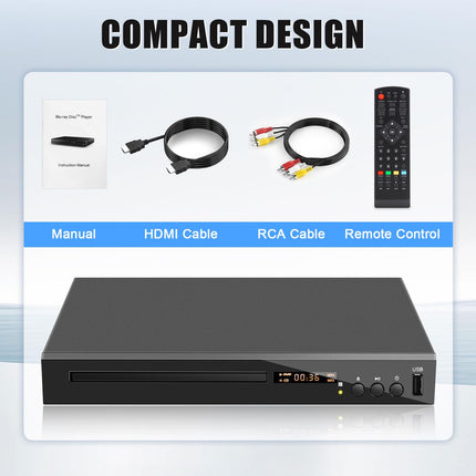 Blu-ray-mängija telerile, kompaktne Blu-ray-plaadimängija 1080P DVD-mängija HDMI-väljundiga, AV-väljund, koaksiaalväljund, USB-sisend, toetab kõiki DVD-sid ja 2. piirkonna Blu-ray-plaate, sisseehitatud PAL NTSC