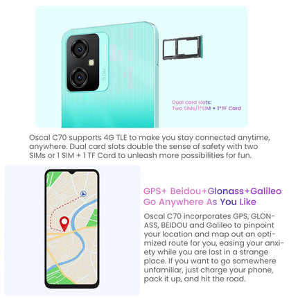 OSCAL C70 Android 12 mobiiltelefon ilma lepinguta, kaheksatuumaline 10 GB + 128 GB (2 TB TF laiendusvõimalus), 50 MP + 8 MP kaamera, 6,6-tolline HD+ ekraan, kahe SIM-kaardiga nutitelefon, 5180 mAh aku, näotuvastus ja sõrmejäljelugeja, must