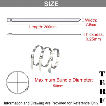 TERF® Stainless Steel Cable Ties, 200 mm x 7.9 mm, Heavy-Duty, Marine-Grade 316 Steel Ties, Secure and Self-Closing, for Indoor and Outdoor Use, Home, Office, Workshop, 20 Pack