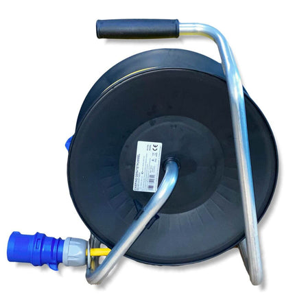 CEE camping cable reel with 25m armored cable in signal color yellow CEE plug and CEE coupling - 230V cable reel IP44 - device reel Made in Germany