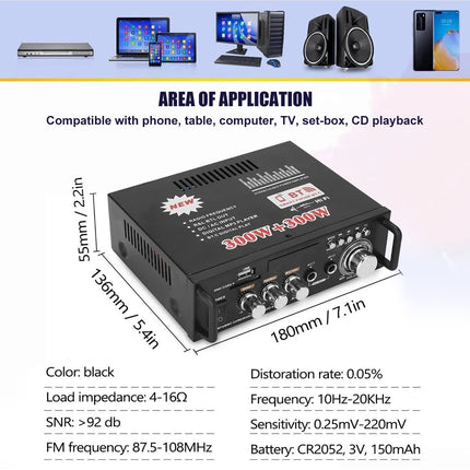 Etlephe Mini Amplifier, HIFI Amplifier, Bluetooth 5.0 Stereo Audio, 12 V 220 V 600 W, 2 Channels, LCD Display, High Fidelity, Portable FM Radio, SD/USB Card Input, for Home or Car