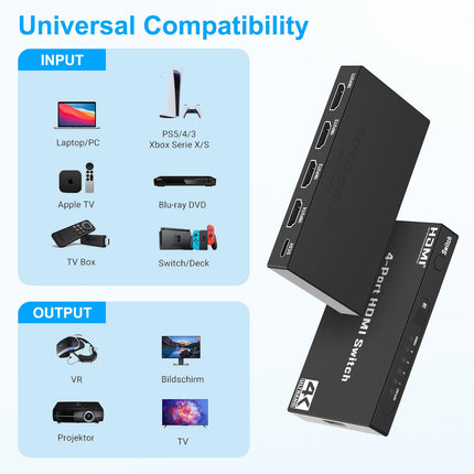 4K HDMI Switch 4 in 1 Out, HDMI Switch with Remote Control, Supports Dolby Vision, Compatible with PS5, Xbox, Apple TV, DVD Player