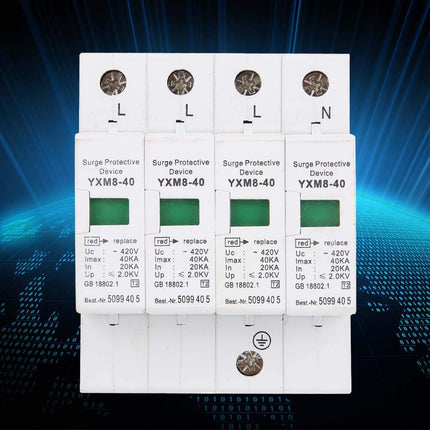 Home Surge Protector, 4P 40KA 220V Home Surge Protector DIN Rail Low Voltage Protection Arrester Device for Thunder Protection