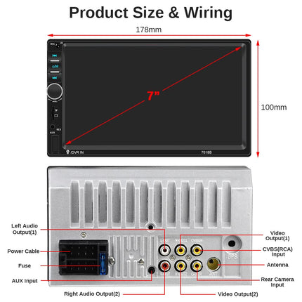 Podofo 2-DIN autoraadio Bluetoothiga, kahe DIN-iga 7-tolline puutetundlik autostereo MP5-mängija koos peegliühendusega iOS-ile/Androidile, FM-raadio, roolil juhtimine, USB/TF/AUX sisend + 7-värviline nupp