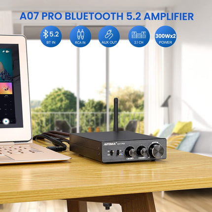AIYIMA A07PRO TPA3255 Mini Power Amplifier 2.0/2.1 Channel Audio Amplifier 300W x 2 Class D Hi-Fi Stereo Integrated Amplifier QCC304X Bluetooth 5.2 Desktop Amplifier with Treble and Bass Control