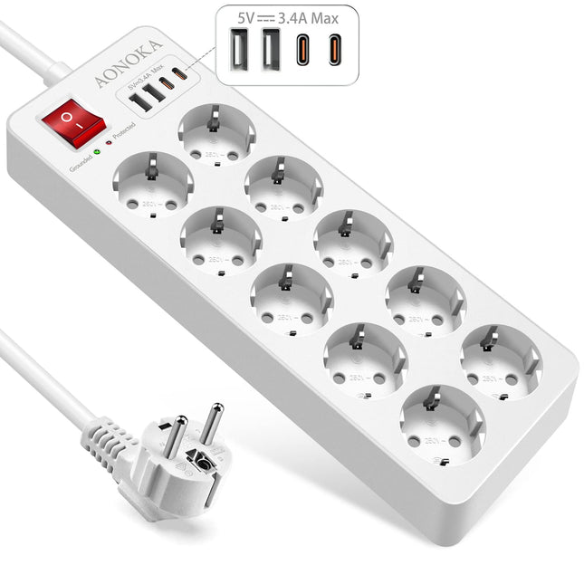 10-osaline mitmikpistikupesa ülepingekaitsega kuni 1700 džauli, pikendusjuhe USB-C-ga, pikendusjuhe lülitiga, 4 USB ja 10 pistikupesa, seinale kinnitatav jaotusjuhe, Schuko pistik, 1,5 m, valge
