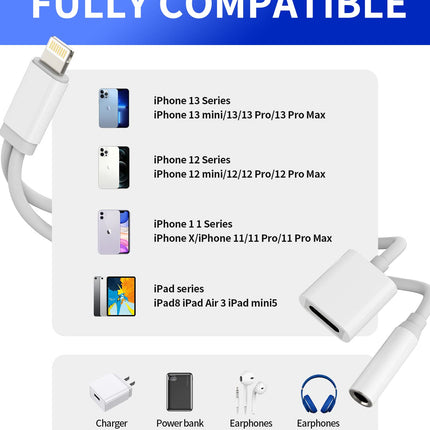 iPhone'i AUX-adapter kõrvaklappide pesa kaabli jaoks (2 tk), 2-ühes Lightning - 3,5 mm kõrvaklappide jaotur 11 12 13 14 Pro 7 8 Plus X XS laadimiskaabel, Apple MFI sertifitseeritud heli laadimismuundur