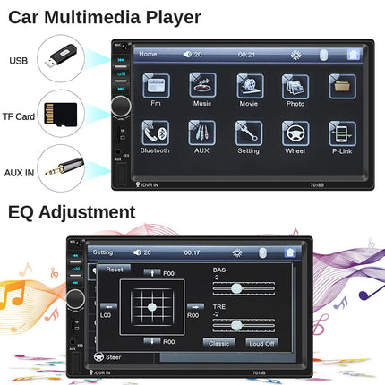 Podofo 2-DIN autoraadio Bluetoothiga, kahe DIN-iga 7-tolline puutetundlik autostereo MP5-mängija koos peegliühendusega iOS-ile/Androidile, FM-raadio, roolil juhtimine, USB/TF/AUX sisend + 7-värviline nupp