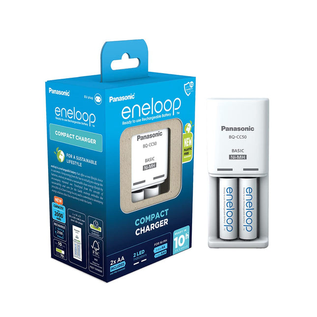 eneloop kompaktne laadija 1-2 AA/AAA NI-MH akule, 10 tundi laadimisaega, 9 ohutusfunktsiooni, sh 2 eneloop AA akut (2000 mAh)