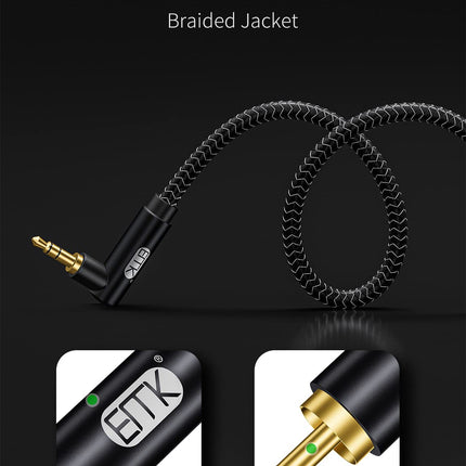 EMK RCA kaabel nurga all pistik 3,5 mm - 2 RCA kaabel 90-kraadine 3,5 mm pistik Y-jaoturkaabel RCA (R&amp;L) nailonist punutud ristkülikukujuline AUX nutitelefoni, kõlari, heliriba, teleri, autostereo jaoks (2 meetrit)