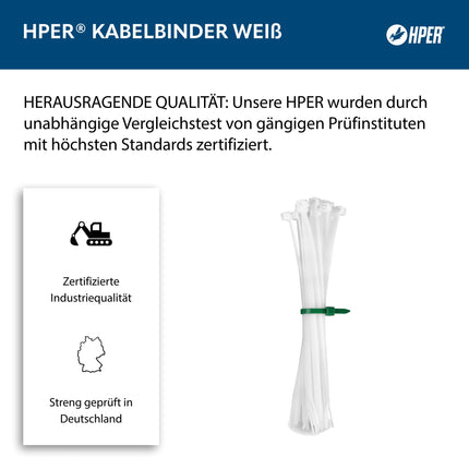 HPER cable ties white I 500 mm x 12.5 mm I 100 pieces I 15-30% more tensile strength/stability I transparent I certified premium quality