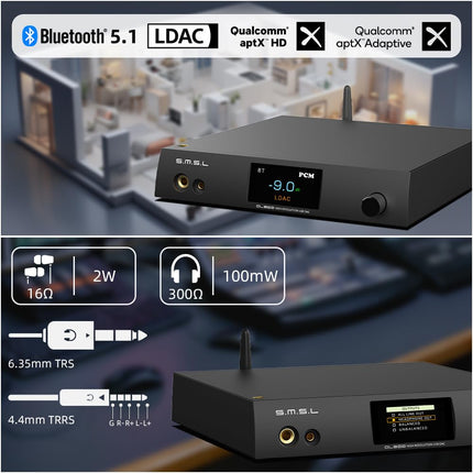 SMSL DL300 heli-DAC kõrvaklapivõimendiga, AK4499EX+AK4191EQ kiip, PCM 32bit/768kHz DSD Native DSD512 XMOS XU-316, USB/optiline/koaksiaal/Bluetooth/I2S sisend koos kaugjuhtimispuldiga
