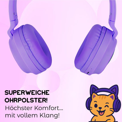 Techmade - Wireless LED Headphones | Cat Ear Design with Microphone | Clear Sound &amp; Function Keys | 6 Hour Battery Life | Adjustable &amp; Soft Ear Cushions, Purple