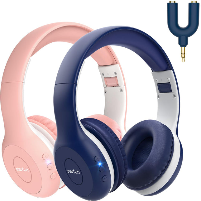 EarFun Bluetooth kõrvaklapid lastele [2 tk pakis], 85/94dB helitugevuse reguleerimine, HiFi heli, HD mikrofon, 40 tundi aku kestvust, kokkupandavad, reguleeritavad, juhtmevabad kõrvaklapid kooli/reisimiseks/arvuti jaoks, jagamisjaoturiga