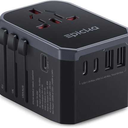 EPICKA ülemaailmne reisiadapter, universaalne reisipistiku adapter 30W, rahvusvaheline pistikupesa adapter 3 USB-C ja 2 USB-A pistikuga, reisiadapter Saksamaa, USA, Ühendkuningriigi, Jaapani, Tai ja Austraalia jaoks TA-105C