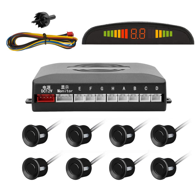 Tkoofn Car Buzzer Parking Aid Reversing Aid 8 Rear Sensors with LED Color Display Car Parking Sensor System Beeper Radar Kit Rear - Black