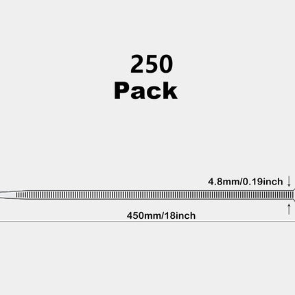 Oksdown Cable Ties Black 450mm × 4.8mm UV Resistant Nylon with 22 kg Tensile Strength Extra Long Strong Large Plastic Self-Locking Cable Ties 250 Pieces for Industry, Horticulture, Cable Industry