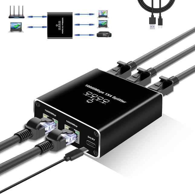 1000Mbit/s RJ45 Etherneti 1-4 jaoturadapter, 4 porti samaaegseks kasutamiseks, kiire interneti LAN-pesa pikendus USB-C-tüüpi toitekaabliga