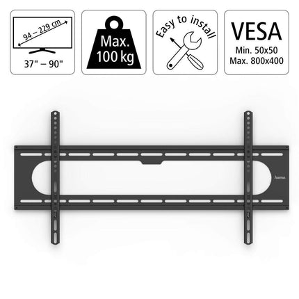 Hama teleri seinakinnitus (37–90-tolline telerikinnitus kuni 100 kg kaaluvatele teleritele, max VESA 800x400, fikseeritud teleri seinakinnitus minimaalse seinavahega, sh Fischeri tüüblid ja paigaldusjuhised) must