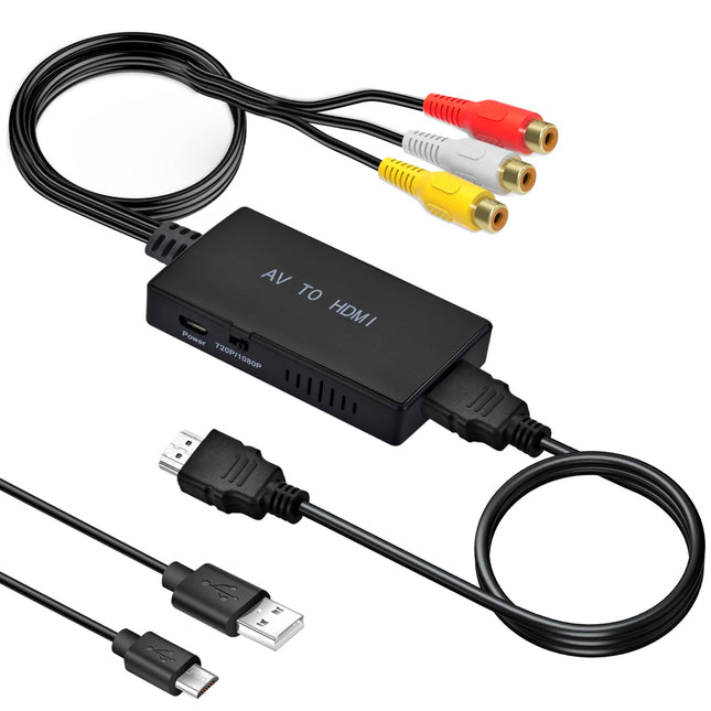 Amtake RCA to HDMI, 1080P AV to HDMI Adapter, Cinch to HDMI Adapter with HDMI Cable for PS2/PS3/Xbox/SNES/N64/STB/VHS/VCR Video Recorder DVD, Supports PAL/NTSC