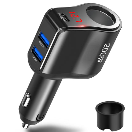 PD 30W autolaadija jaotur: 200W 12V USB C sigaretisüütaja adapteri jaotur 12-voldine alalisvoolu pistik, mitmekordne autopistikupesa voltmeetriga, kahekordne C-tüüpi pistik iPhone'i, Samsungi mobiiltelefoni GPS-i armatuurlauale