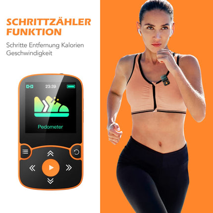 AGPTEK MP3-mängija Bluetooth 5.0 Sport 32GB 1,5-tollise TFT värvilise ekraaniga, mini-muusikamängija klambriga, toetab kuni 128GB TF-kaarti, sõltumatu helitugevuse nupuga, oranž