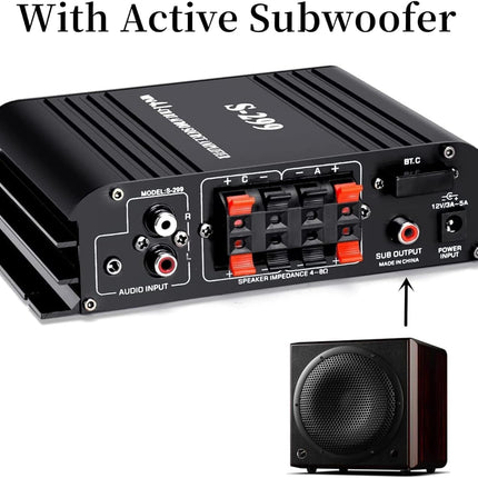 4.1-channel amplifier, 1600W mini hifi amplifier, Bluetooth 5.0 for home speakers 40W x 4 + active subwoofer from 110-240V to 12V with USB TF slot MP3 player with remote control