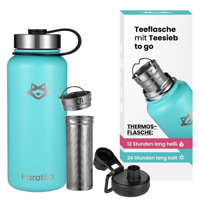 PARATITO® teepudel teesõela ja spordikorgiga 1000ml, lekkekindel, gaseeritud jookidele, nõudepesumasinas pestav - roostevabast terasest termospudel teele, külmpruulitud teele, kaasaskandmiseks (enimmüüdud komplekt sinine)