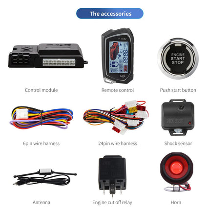 EASYGUARD EC207-M9-SR kahesuunaline autoalarmi turvakomplekt LCD-ekraaniga, käivitusnupuga, kaugjuhtimispuldiga, mootori käivitamisega, sireeniga, DC12 V