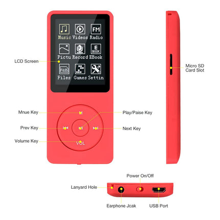MP3-mängija, MP3/MP4 digitaalne muusikapleier, Lychee Upgrade 8 GB kaasaskantav HiFi heliga muusikapleier muusika/video/häälesalvestuse/FM-raadio/e-raamatute lugejaga, toetab kuni 64 GB (punane)