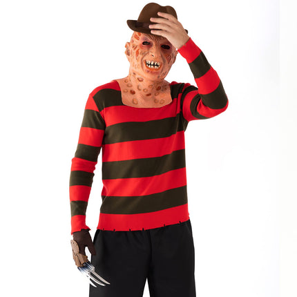 Yearsahrk Freddy Kruegeri kostüüm, 4-osaline õudusunenäo kostüüm, triibuline kampsun, hirmutav mask, kinnas küünisega, kauboi müts, halloweeni cosplay täiskasvanutele (suur)