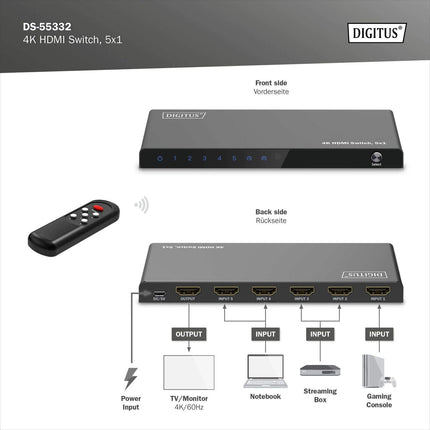 DIGITUS DS-55332 HDMI-lüliti 5x1 - 5 sisendit, 1 väljund - UHD 4K/60 Hz HDTV: 3840 x 2160p - HDCP 2.2 ja HDMI 2.0 - HDR, CEC, Deep Color, DTS, Dolby Digital, LPCM - teleri, monitori, PS5, PS4, Xboxi jaoks