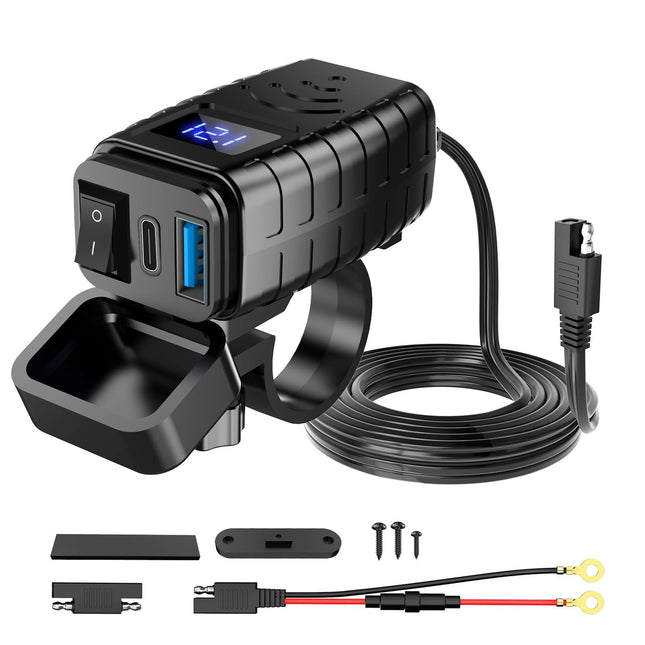 Lhdfyqt kahe USB-ga mootorratta telefonilaadija, mootorratta laadija, kiirühendusega adapter, toitepistik, QC3.0 PD, C-tüüpi ja USB, sõltumatu lüliti ja LED-voltmeetriga