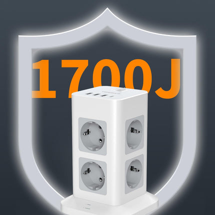 TESSAN 8-suunaline pikendusjuhe USB C ja 3 USB A pistikutega, jaotuspistiku pikenduskaabel 3M, pikendusjuhe ülepingekaitsega, mitmikpistik lülitiga koduseks kasutamiseks, toitetorn 3600W