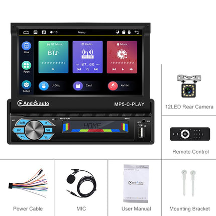 CAMECHO 1 DIN Carplay/Android Auto/Peeglingi autoraadio ekraaniga, 7-tolline mootoriga pikendatav puutetundlik ekraan, autoraadio Bluetooth peeglilingiga (Android/IOS) + väline mikrofon + tahavaatekaamera