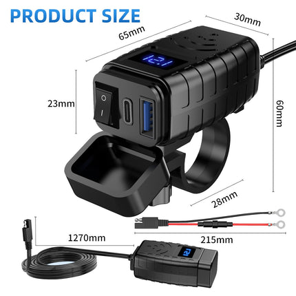 Lhdfyqt kahe USB-ga mootorratta telefonilaadija, mootorratta laadija, kiirühendusega adapter, toitepistik, QC3.0 PD, C-tüüpi ja USB, sõltumatu lüliti ja LED-voltmeetriga