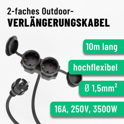 greate 2fach Verlängerungskabel 10 Meter aussen - Verlängerungskabel außen wasserdicht IP44-2 Fach Mehrfachsteckdose Verlängerung für Aussenbereich 10m 3500 W, Outdoor Extension Cord Waterproof