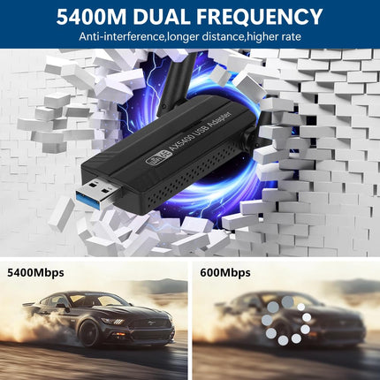 OFFCUP USB WLAN-i mälupulga adapter arvutile, WiFi 6E adapter AX3008 internetipulk 5400Mbps USB 3.0 kolme sagedusribaga 2,4 GHz/5 GHz/6 GHz koos 2 x 5 dBi antenniga, 5 dBi WPA3 krüptimisega, ühildub Windows 10/11-ga