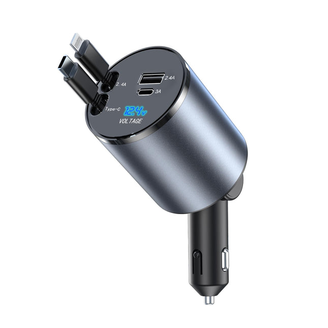 AmazeFan sissetõmmatav autolaadija 60W mobiiltelefoni kiirlaadija, 12V USB sigaretisüütaja adapter Lightningi ja Type-C kaabliga, autolaadija USB C, mis ühildub iPhone'i/Galaxy/Pixeli/Google Pixeliga