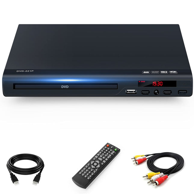 TLarder DVD-mängija telerile HDMI-väljundiga, Full HD 1080p ülesskaleerimine, ühildub mitme vorminguga, toetab kõiki piirkondi ja plaadivorminguid, sisaldab kaugjuhtimispulti ja AV/HDMI-kaablit