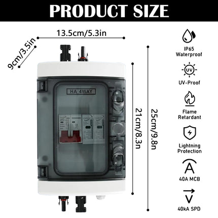 Surge protection PV, DC disconnect switch lightning protection circuit breaker 1 in 1 out 1 string 1000V DC 40A 20-40KA generator connection box IP65 waterproof solar connection box for photovoltaics