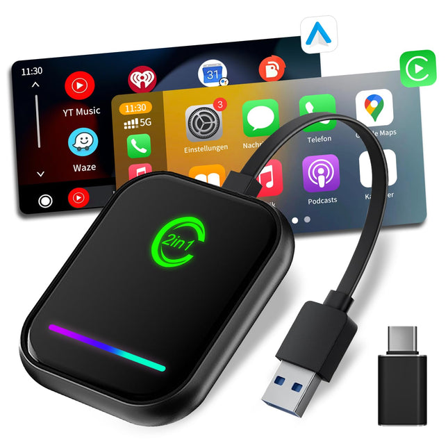 VANBAR Android Auto Wireless Adapter, 2-in-1 Car Radio Apple Carplay Wireless Adapter Dongle for iOS, USB-A and USB-C Plug and Play Car Connect, Suitable for Cars with AA and Carplay