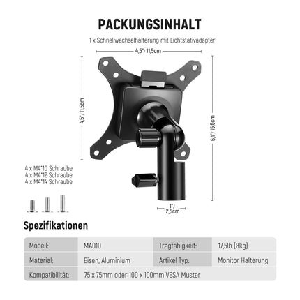 NEEWER monitori kinnitusadapter kiirkinnitusega VESA kinnitusega, 270° reguleeritav metallist 5/8" C-jalg, valgusti aluse adapter teleriekraanidele kuni 17-32", maksimaalne koormus 8 kg, MA010