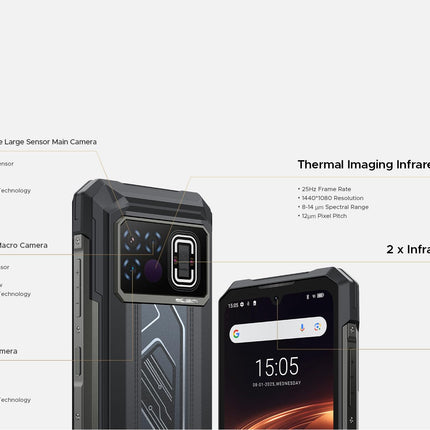 DOOGEE Fire 6 Max 5G termokaameraga nutitelefon, lukustamata, 6,72" FHD+ kaheksatuumaline, 20 GB + 256 GB, 20800 mAh/33 W, vastupidav, 50 MP + 20 MP infrapuna + 16 MP, NFC/sõrmejälje/Simlock-vabad telefonid (must)