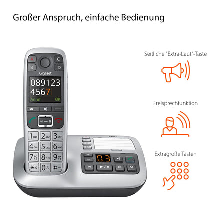 Gigaset E560A - Cordless DECT phone for seniors - Handset with answering machine - Color display - Speakerphone function, Large buttons, Phone with SOS button, Analog phone, platinum [German version]