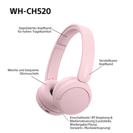 Sony WH-CH520 juhtmevabad Bluetooth-kõrvaklapid, kõrge helikvaliteet, kerge disain, kuni 50 tundi aku tööiga, kiire laadimine, ekvalaiser, selge kõnekvaliteet, iOS ja Android - roosa