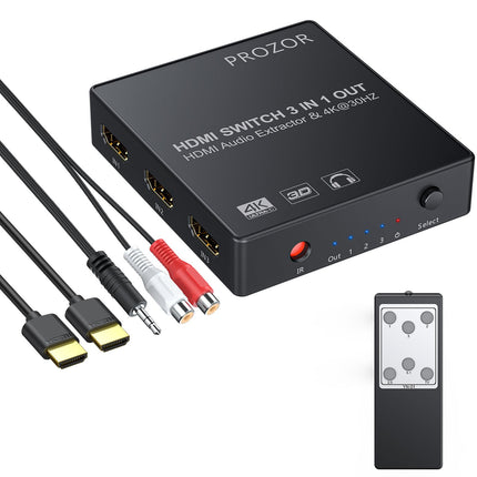 PROZOR HDMI muundur 3x1 HDMI lüliti koos heli ekstraktoriga, analoog-optiline Toslink SPDIF väljund, tugi 4K 3D, IR-puldiga, HDMI-kaabel, USB-laadimiskaabel, 3,5 mm isas-2 RCA emaskaabel