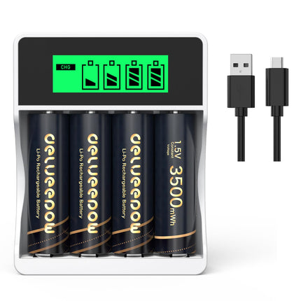 Delyeepow Rechargeable AA Battery Lithium 1.5V 3500mWh with Charger, 1500 Cycles Rechargeable Lithium AA Batteries 4 Pack, 2 Hours Quick Charge