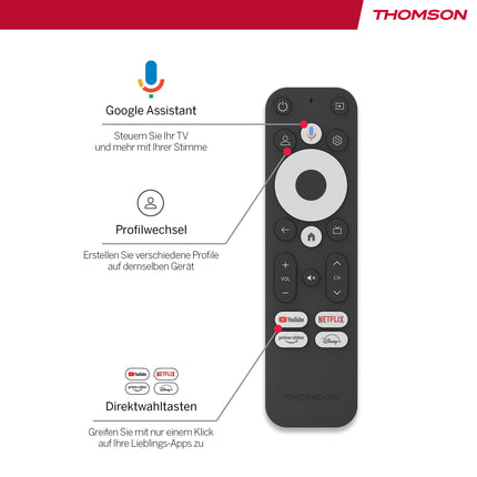 THOMSON voogedastuspulk 140 | Google TV | 4K UHD | Google Assistant | Googlecast | WiFi | Bluetooth 5.0 | HDMI | Dolby Atmos | DTS Digital Surround | HDR10 | 2 GB RAM | 8 GB salvestusruum